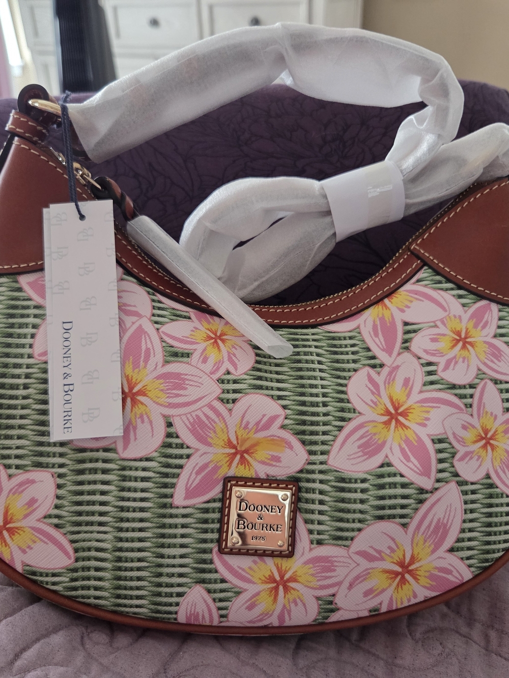 Dooney & Bourke Pink Floral Wicker-Print Shoulder Bag with Brown Trim